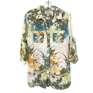 Chico's Linen Floral Tropical Button Down Shirt Tunic No-Iron